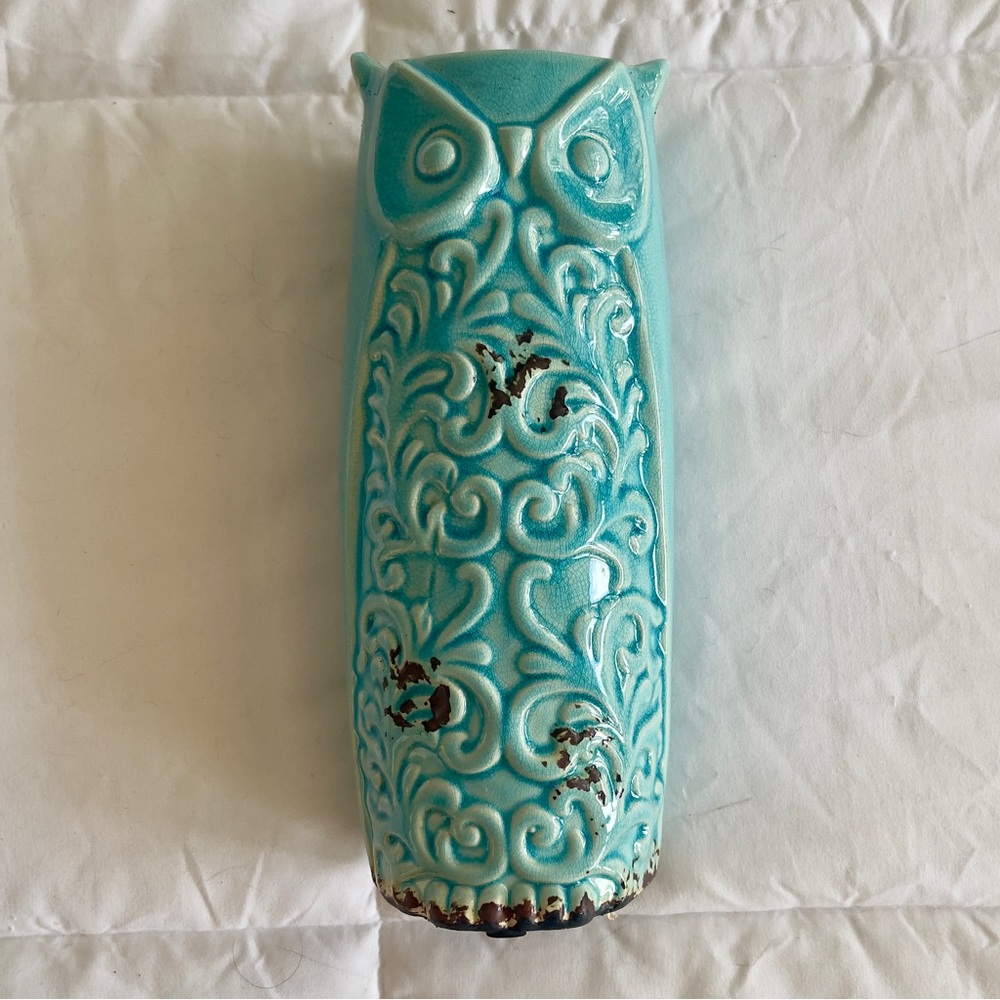 Large Ceramic Aqua Turquoise Teal Copper Owl Statue Flower Vase